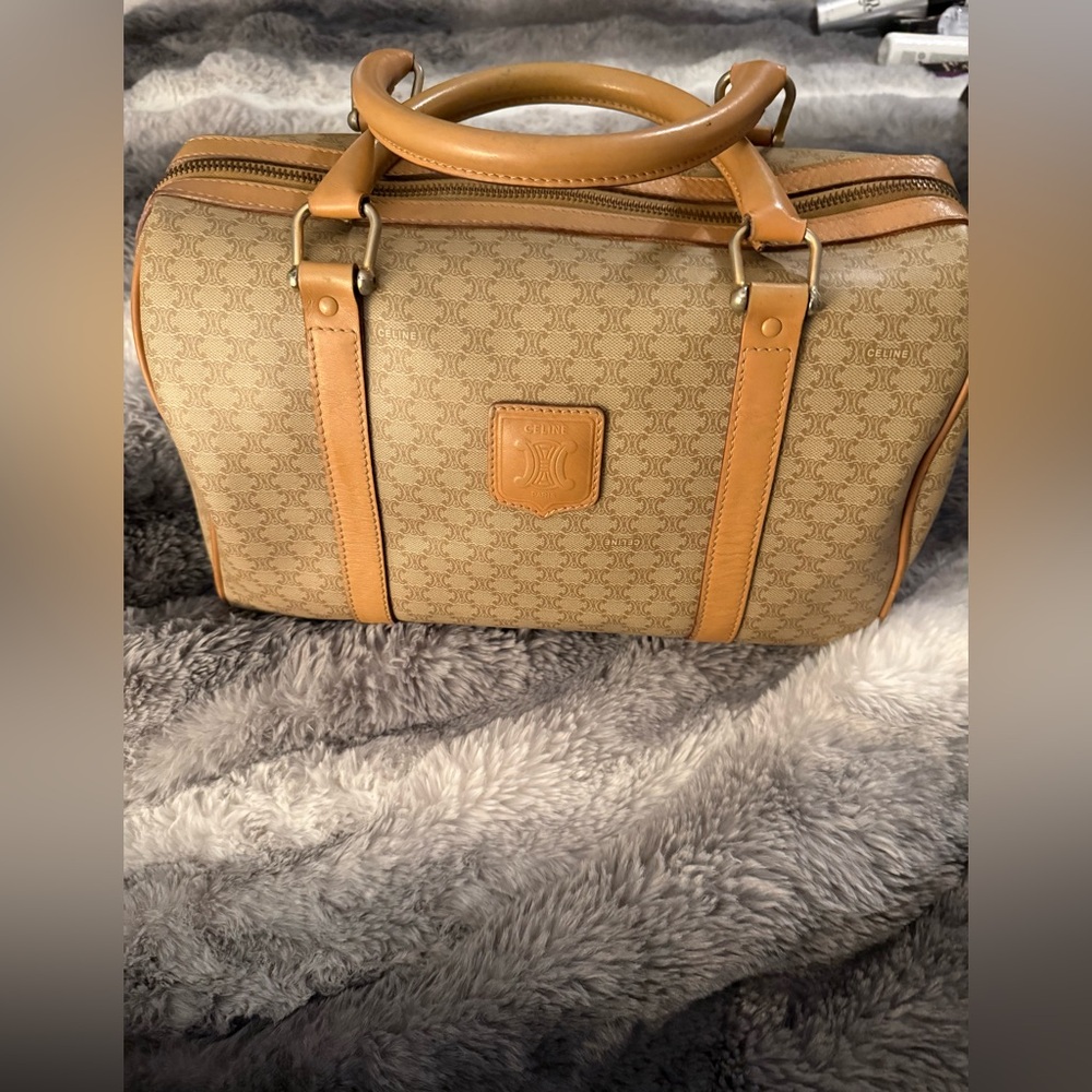 Celine Vintage Macadam Boston Beige and Tan Monogram Bag